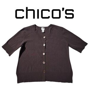 CHICO'S Silk-Blend Short Sleeve Cardigan Sweater Top Brown Button-down Women's L